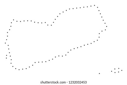 Vector stroke dot Yemen map in black color, small border points have diamond shape. Follow the path points and get Yemen map. Educational geographic draft for Yemen map quiz.