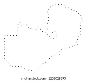 Vector stroke dot Zambia map in black color, small border points have diamond shape. Track the path points and get Zambia map. Educational geographic template for Zambia map quiz.