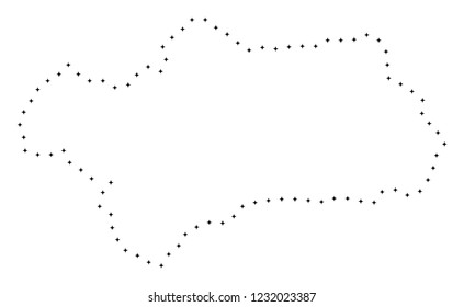 Vector stroke dotted Andalusia Province map in black color, small border points have diamond shape. Follow the frame points and get Andalusia Province map.