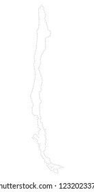Vector stroke dotted Chile map in black color, small border points have diamond shape. Discover the path points and get Chile map. Educational geographic draft for Chile map quiz.