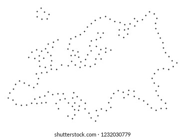 Vector stroke dotted Europe map in black color, small border points have diamond shape. Connect the frame points and get Europe map. Educational geographic draft for Europe map quiz.