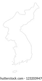 Vector stroke dotted Korea map in black color, small border points have diamond shape. Follow the frame points and get Korea map. Educational geographic draft for Korea map quiz.