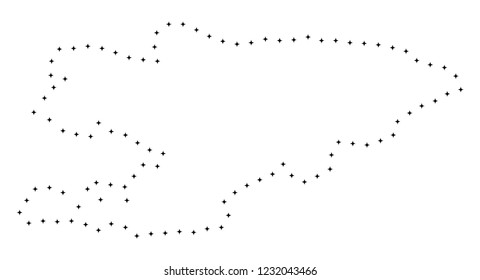 Vector stroke dotted Kyrgyzstan map in black color, small border points have diamond shape. Follow the path points and get Kyrgyzstan map. Educational geographic template for Kyrgyzstan map quiz.
