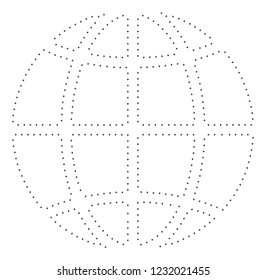 Vector stroke dotted planet globe in black color, small border points have diamond shape. Follow the frame points and get planet globe. Educational geographic sketch for planet globe quiz.