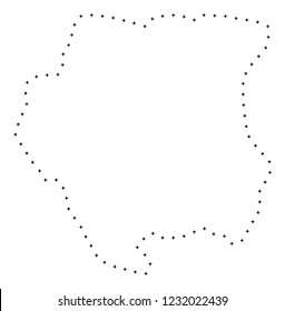Vector stroke dotted Suriname map in black color, small border points have diamond shape. Track the path points and get Suriname map. Educational geographic template for Suriname map quiz.