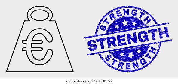 Vector stroke euro mass icon and Strength seal. Blue rounded grunge seal with Strength phrase. Black isolated euro mass icon in stroke style.