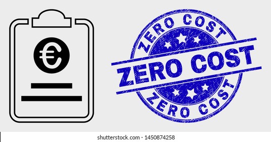 Vector stroke euro price pad pictogram and Zero Cost seal stamp. Blue rounded grunge stamp with Zero Cost text. Black isolated euro price pad pictogram in stroke style.