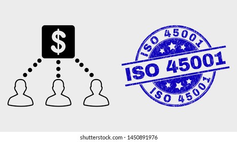 Vector stroke financial clients links icon and ISO 45001 seal. Blue rounded grunge seal stamp with ISO 45001 phrase. Black isolated financial clients links icon in stroke style.