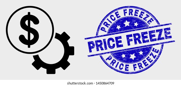Vector stroke financial options gear icon and Price Freeze seal stamp. Blue rounded textured seal with Price Freeze phrase. Black isolated financial options gear icon in outline style.
