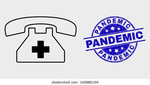 Vector stroke first aid phone pictogram and Pandemic watermark. Blue rounded textured watermark with Pandemic caption. Black isolated first aid phone pictogram in stroke style.