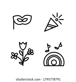 Vector stroke funny party icons (mask, firework, bouquet, music notes)