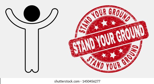 Vector Stroke Hands Up Person Icon And Stand Your Ground Seal. Blue Round Scratched Seal With Stand Your Ground Phrase. Black Isolated Hands Up Person Icon In Stroke Style.