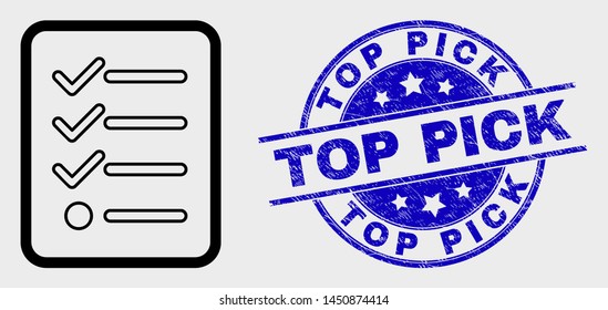 Vector stroke items list page pictogram and Top Pick seal stamp. Blue round scratched seal with Top Pick message. Black isolated items list page pictogram in stroke style.