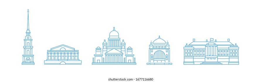 Vector stroke linear city old buildings, museum, cathedral, showplaces