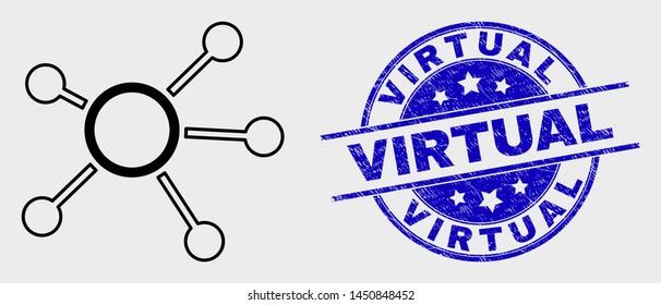Vector stroke links pictogram and Virtual stamp. Blue round grunge seal stamp with Virtual title. Black isolated links pictogram in outline style.