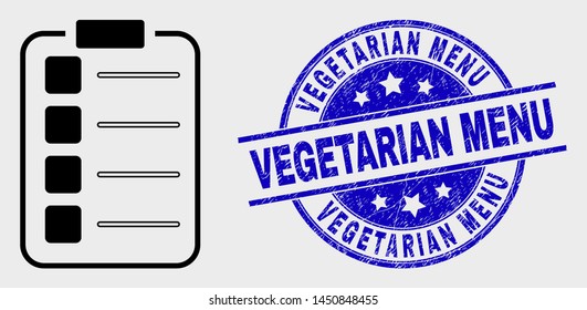 Vector stroke list items pad icon and Vegetarian Menu seal. Blue round grunge seal stamp with Vegetarian Menu title. Black isolated list items pad icon in stroke style.