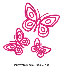 Vector stroke logo with three magenta butterflies simple stylized 