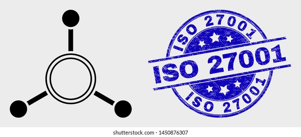 Vector stroke masternode links pictogram and ISO 27001 seal stamp. Blue round textured seal with ISO 27001 phrase. Black isolated masternode links pictogram in stroke style.