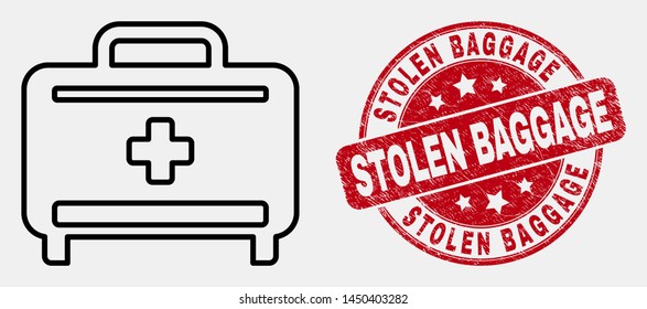 Vector stroke medical baggage icon and Stolen Baggage seal. Blue rounded scratched seal with Stolen Baggage text. Black isolated medical baggage icon in linear style.