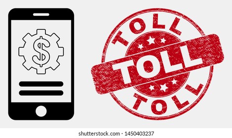 Vector stroke mobile financial options icon and Toll seal stamp. Blue round textured stamp with Toll caption. Black isolated mobile financial options icon in line style.