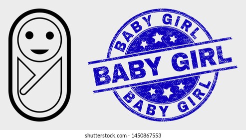 Vector stroke new born pictogram and Baby Girl seal stamp. Blue round grunge seal stamp with Baby Girl message. Black isolated new born icon in linear style.
