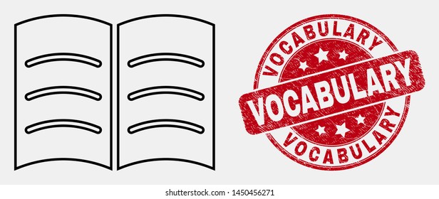 Vector stroke open book pictogram and Vocabulary stamp. Blue round distress seal stamp with Vocabulary phrase. Black isolated open book pictogram in stroke style.