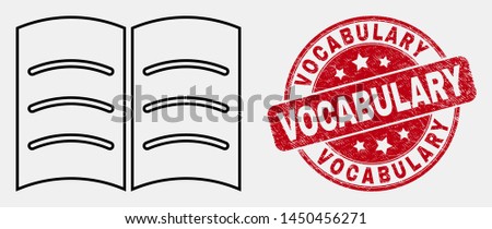 Vector stroke open book pictogram and Vocabulary stamp. Blue round distress seal stamp with Vocabulary phrase. Black isolated open book pictogram in stroke style.