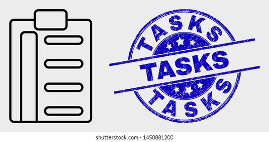 Vector stroke pad list items icon and Tasks stamp. Blue rounded grunge seal with Tasks phrase. Black isolated pad list items icon in stroke style.