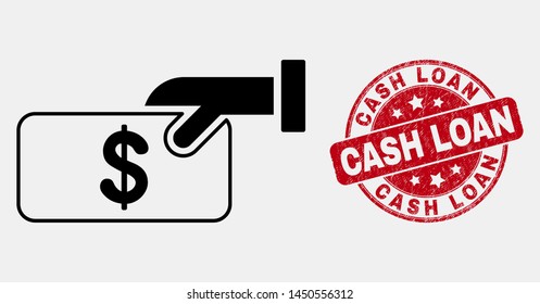 Vector stroke pay cash pictogram and Cash Loan watermark. Blue rounded distress watermark with Cash Loan text. Black isolated pay cash pictogram in stroke style.