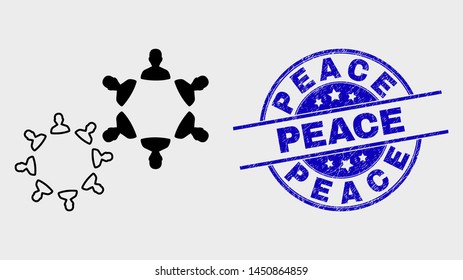 Vector stroke people collaborations pictogram and Peace stamp. Blue rounded distress watermark with Peace caption. Black isolated people collaborations pictogram in stroke style.