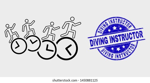 Vector stroke people run over clocks pictogram and Diving Instructor stamp. Blue rounded scratched stamp with Diving Instructor caption. Black isolated people run over clocks pictogram in line style.