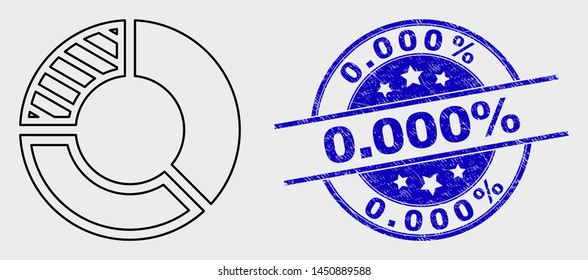 Vector stroke pie chart icon and 0.000% watermark. Blue round distress watermark with 0.000% title. Black isolated pie chart icon in stroke style.