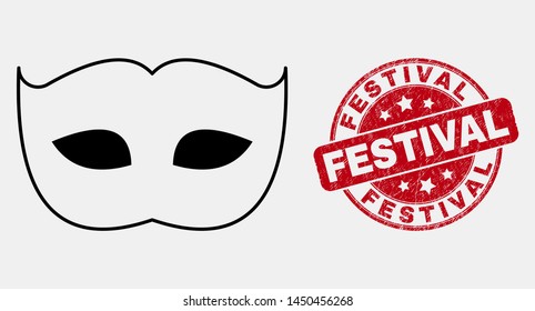 Vector stroke private mask pictogram and Festival seal stamp. Blue rounded scratched stamp with Festival phrase. Black isolated private mask pictogram in contour style.