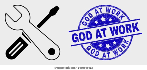 Vector stroke repair tools icon and God at Work seal stamp. Blue rounded textured seal stamp with God at Work caption. Black isolated repair tools symbol in stroke style.