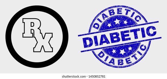 Vector stroke RX receipt symbol icon and Diabetic watermark. Blue rounded distress stamp with Diabetic title. Black isolated RX receipt symbol icon in stroke style.
