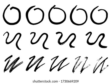 Vector Stroke. Set of Black Ink Strokes. Grunge Dirty Stylish Elements. Vector Distressed Ink. Modern Textured Paint. Freehand Painting. Distressed Image. Geometric Artwork. Black Brush Elements.