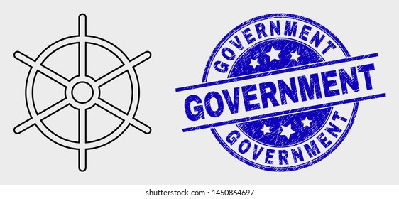 Vector stroke ship rule wheel icon and Government seal stamp. Blue rounded scratched seal stamp with Government title. Black isolated ship rule wheel symbol in linear style.