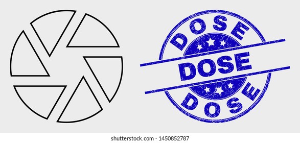 Vector stroke shutter icon and Dose watermark. Blue round scratched watermark with Dose caption. Black isolated shutter pictogram in stroke style.