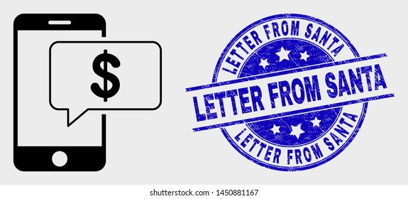 Vector stroke smartphone bank message pictogram and Letter from Santa seal. Blue round textured seal stamp with Letter from Santa text. Black isolated smartphone bank message symbol in stroke style.