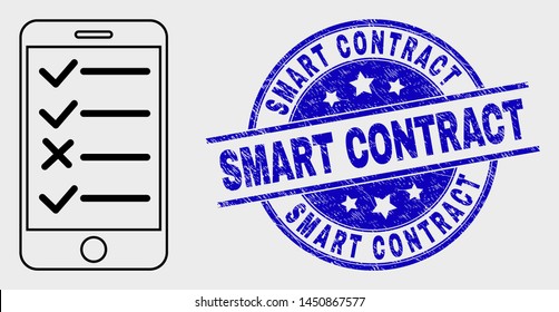Vector stroke smartphone task list pictogram and Smart Contract seal stamp. Blue round textured seal stamp with Smart Contract message. Black isolated smartphone task list pictogram in line style.