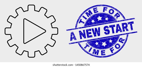 Vector stroke start gear automation icon and Time for a New Start stamp. Blue round grunge seal stamp with Time for a New Start caption. Black isolated start gear automation icon in linear style.
