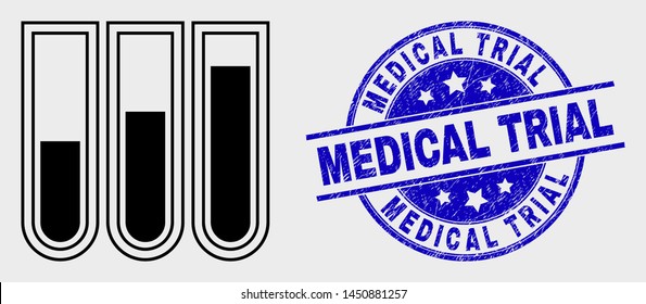 Vector stroke test-tubes pictogram and Medical Trial stamp. Blue round distress stamp with Medical Trial title. Black isolated test-tubes pictogram in line style.