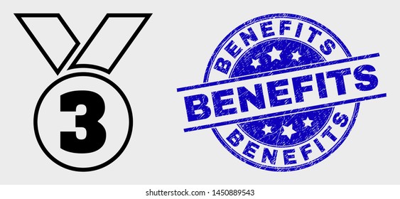 Vector stroke third medal icon and Benefits seal stamp. Blue round distress seal stamp with Benefits title. Black isolated third medal pictogram in stroke style.