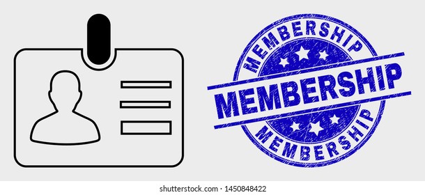 Vector stroke user id badge icon and Membership seal. Blue round distress watermark with Membership title. Black isolated user id badge icon in stroke style.