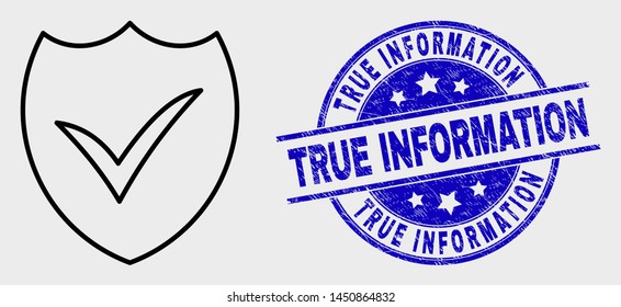 Vector stroke valid shield pictogram and True Information stamp. Blue rounded grunge seal stamp with True Information caption. Black isolated valid shield icon in line style.
