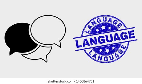 Vector stroke webinar messages pictogram and Language seal stamp. Blue rounded textured seal stamp with Language text. Black isolated webinar messages pictogram in stroke style.