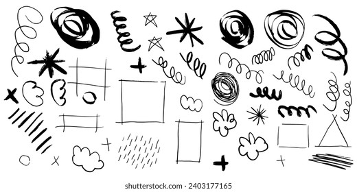 vector strokes and curly lines collection. Hand drawn scribbled banners with noisy texture. Curved smears. Scrawl elements isolated on white background.