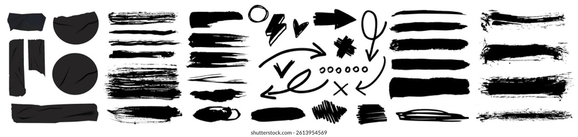 Vector strokes made with a brush, isolated on a white background. Black paint ink line texture elements, including hand-drawn arrows. A set of vector stickers and doodles, use for decoration, collage