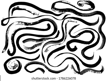 Vector Strokes. Pattern of Brushes. Grunge Ink Textured Forms. Vector Strokes Pattern. Modern Textured Design. Freehand Painting. Distressed Grunge Geometric Artwork. Black Brush Elements.