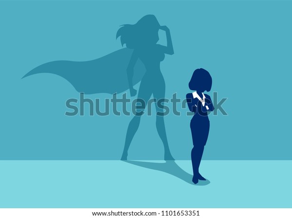 Vector of a strong business woman\
with a shadow imagining to be a super hero looking aspired. \
